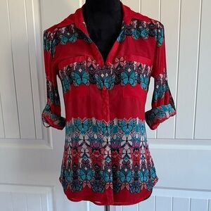 Express Vibrant Red and Teal Button Down Shirt